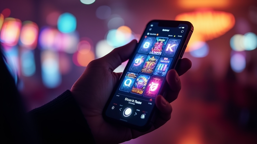 Speler gebruikt een smartphone met mobiele casino-interface in een donkere casinoruimte