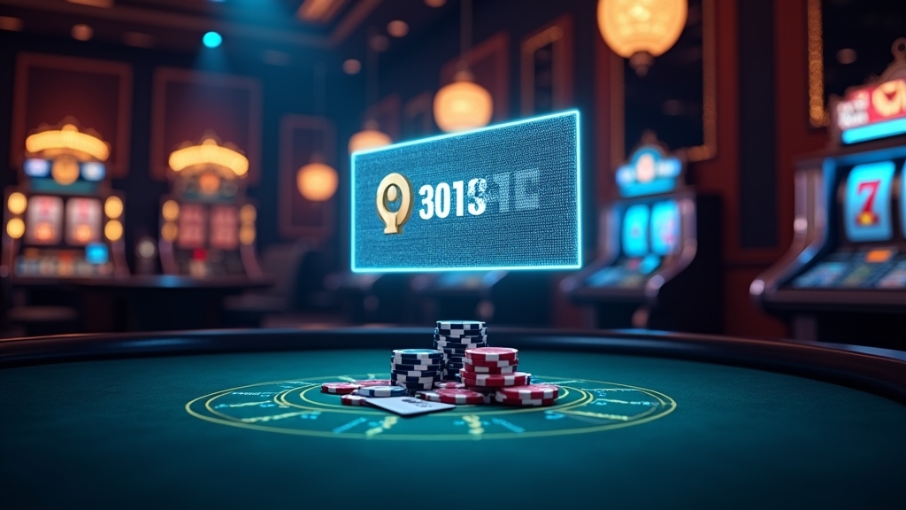 Donkere casinoscène met een oplichtende bonuscode en speelautomaten