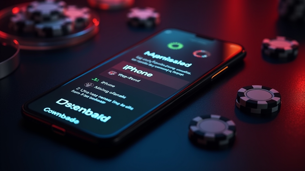 Smartphone met Android- en iPhone-downloadopties in een donkere casino-omgeving